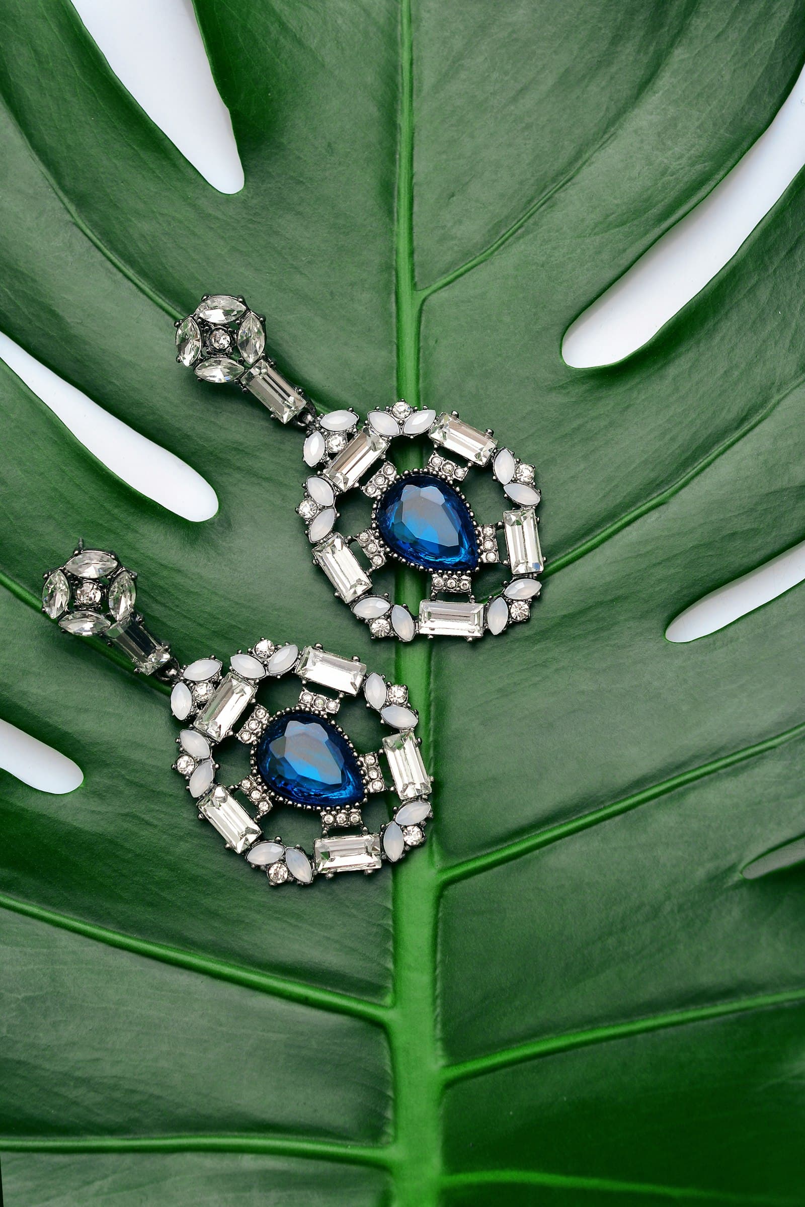 Handmade crystal statement drop earrings with sapphire-blue stones